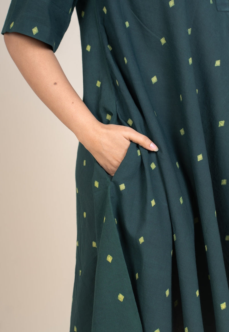 Srisha Green Dabu Cotton A Line Dress