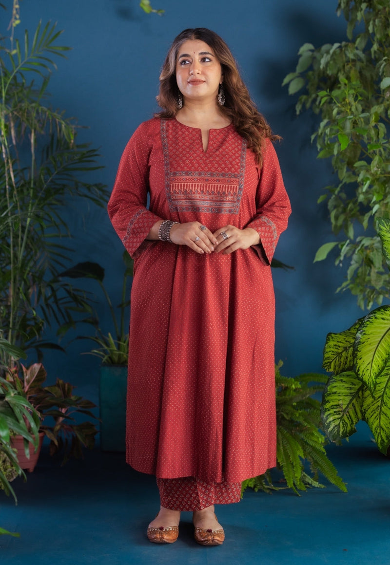 Yashi Red Butti Ajrakh Cotton Straight Pant