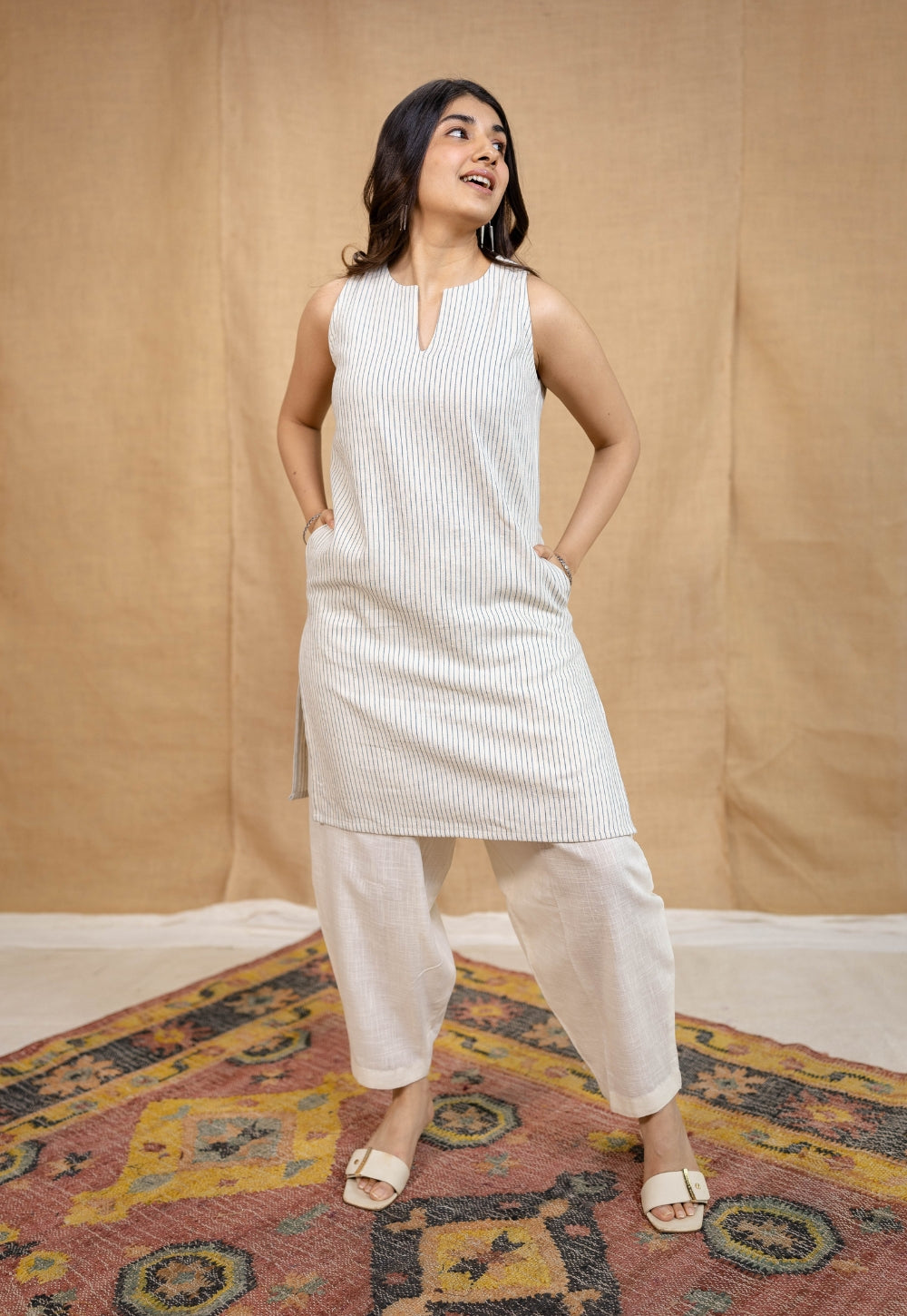 Divija Off-White Handwoven Kala Cotton Straight Kurta