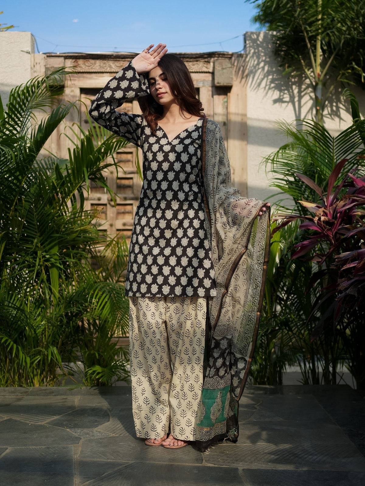 Jasmin Black Cotton Kurta Set with Farshi Salwar with Cotton Dupatta