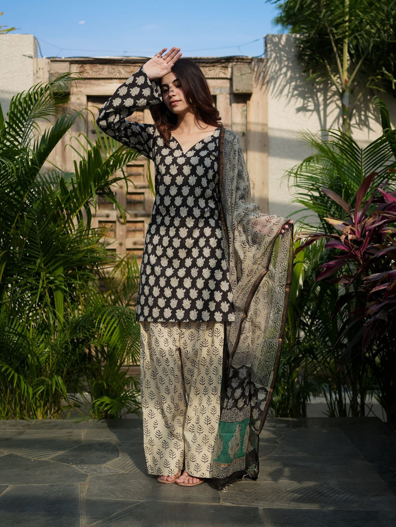 Jasmin Black Cotton Kurta Set with Farshi Salwar with Cotton Dupatta