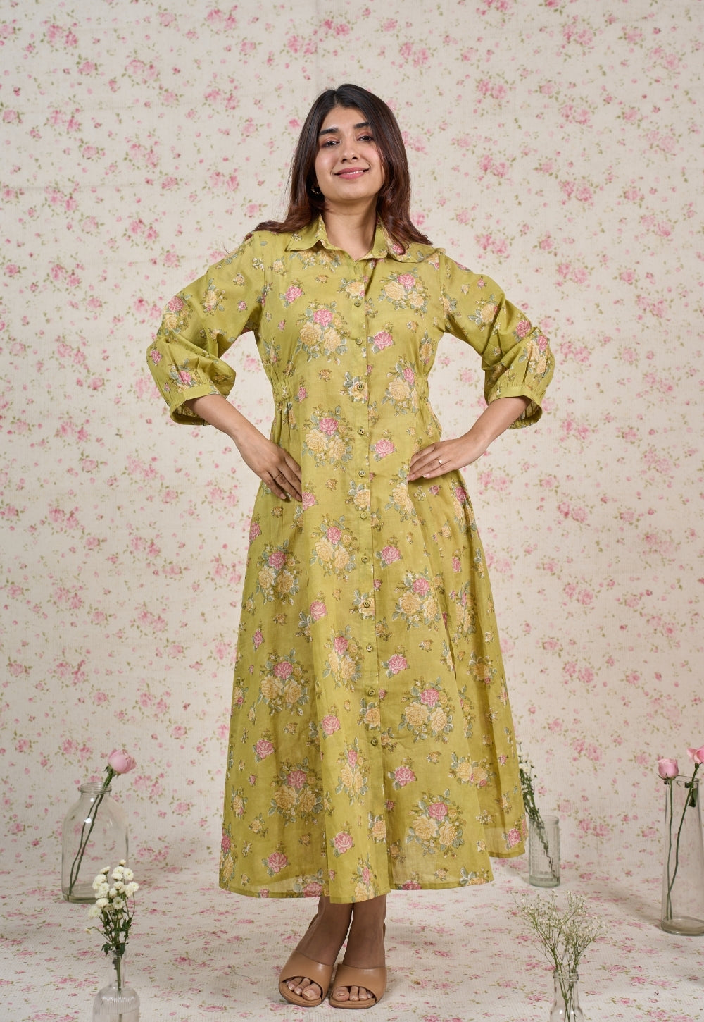 Lily Green Sanganeri Mul Cotton A Line Dress