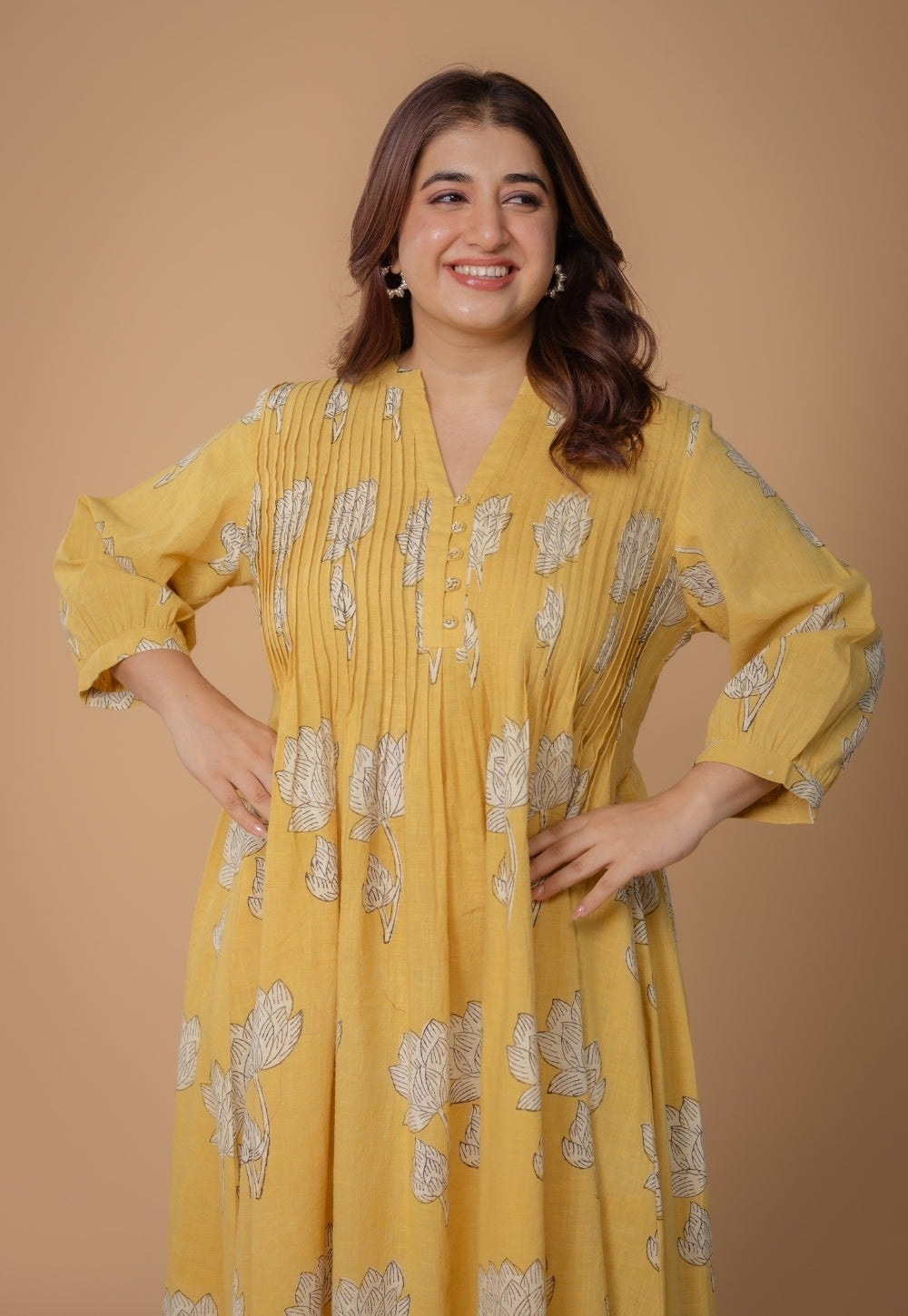 Janvi Yellow Dabu Slub Cotton A Line Dress