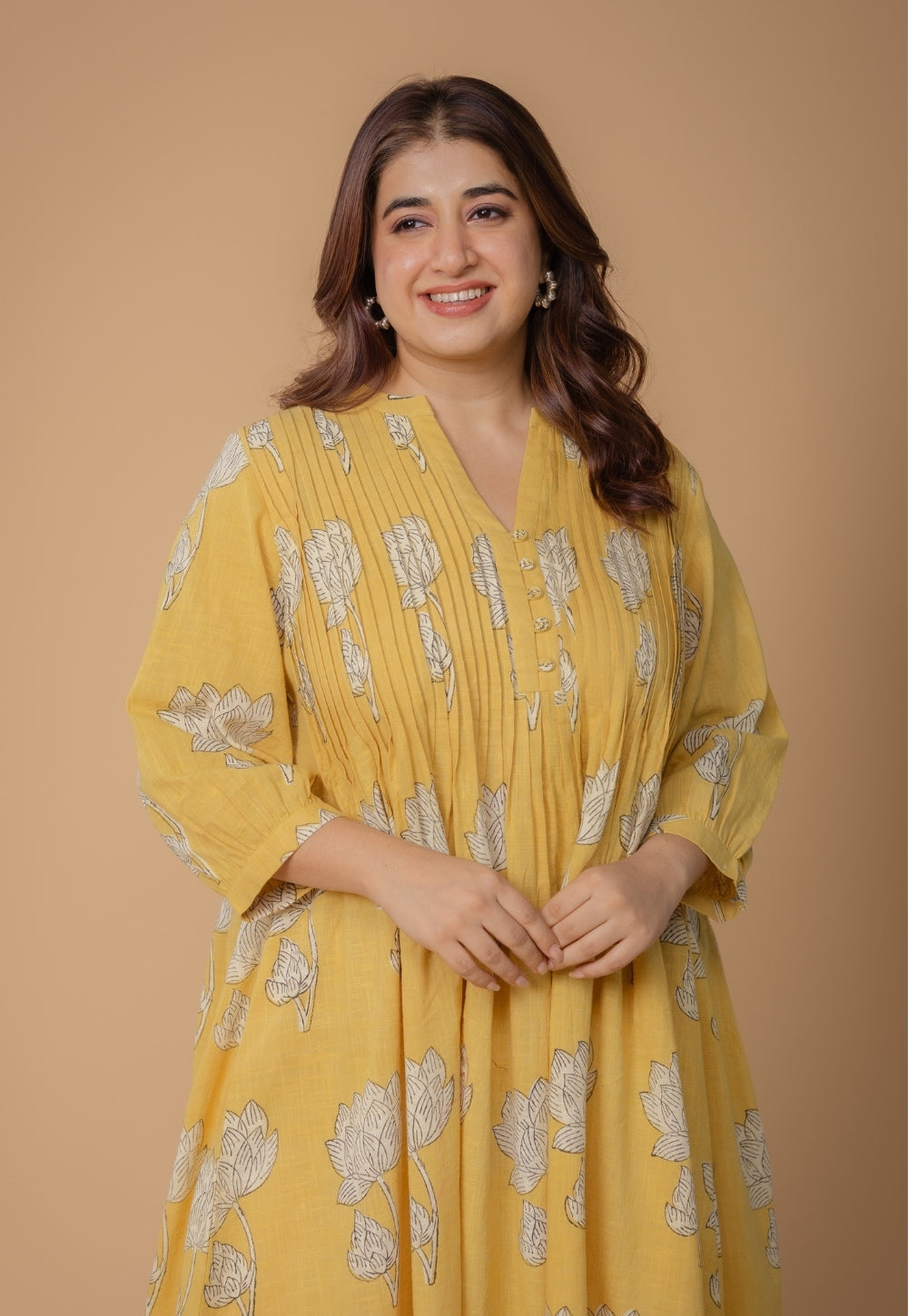 Janvi Yellow Dabu Slub Cotton A Line Dress
