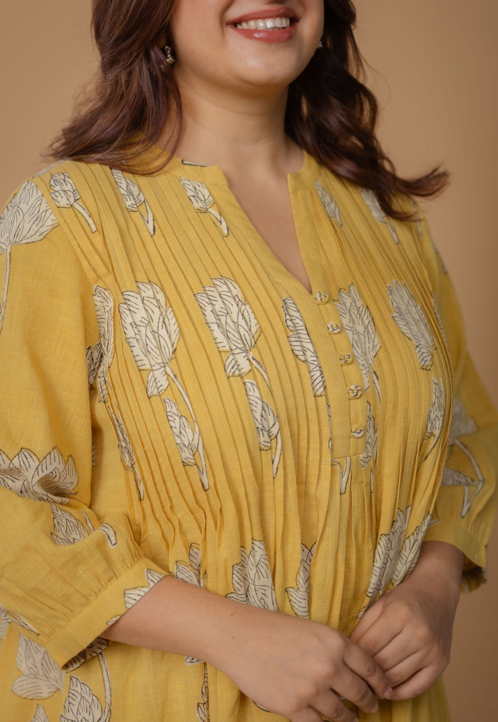 Janvi Yellow Dabu Slub Cotton A Line Dress