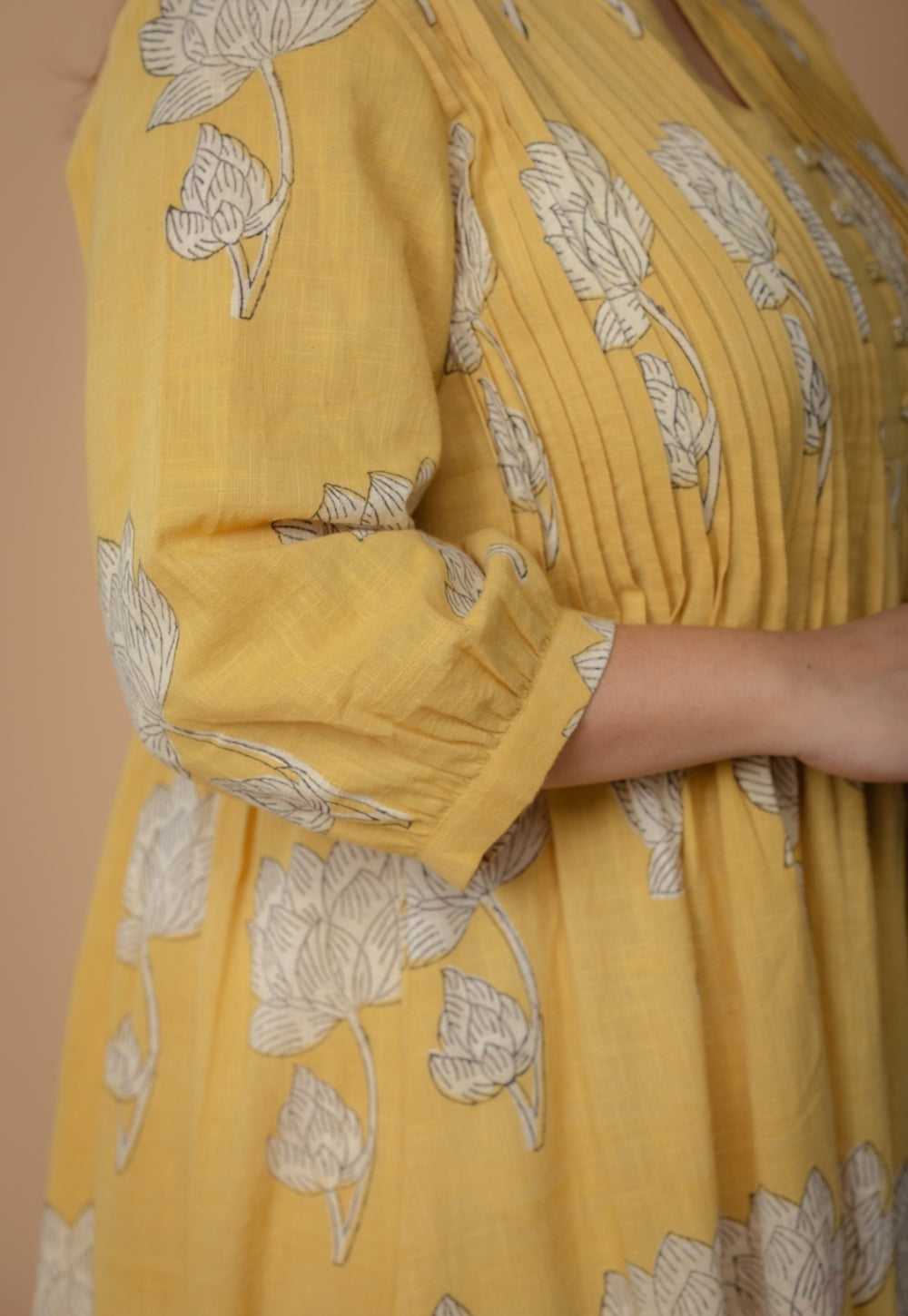 Janvi Yellow Dabu Slub Cotton A Line Dress