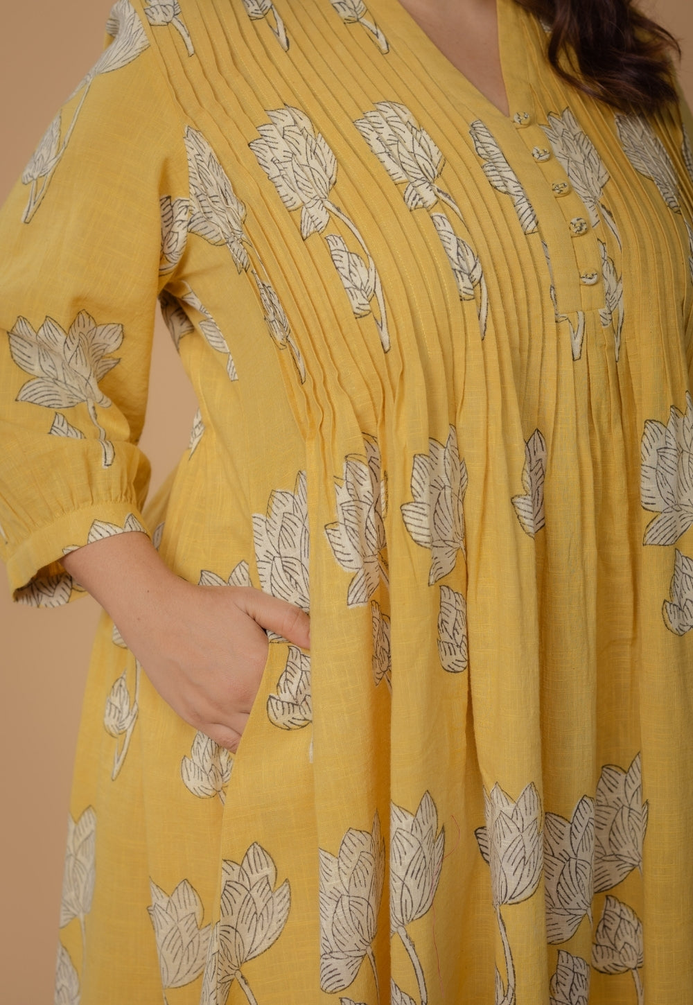 Janvi Yellow Dabu Slub Cotton A Line Dress