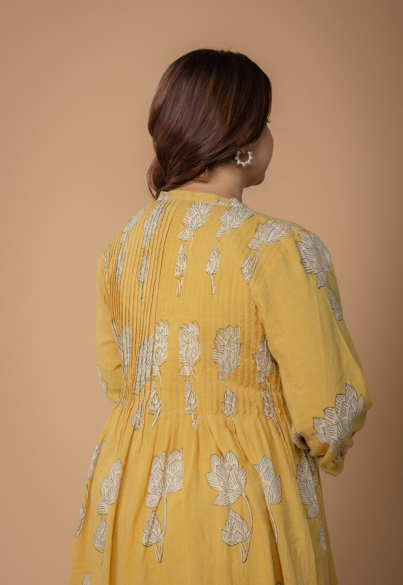 Janvi Yellow Dabu Slub Cotton A Line Dress
