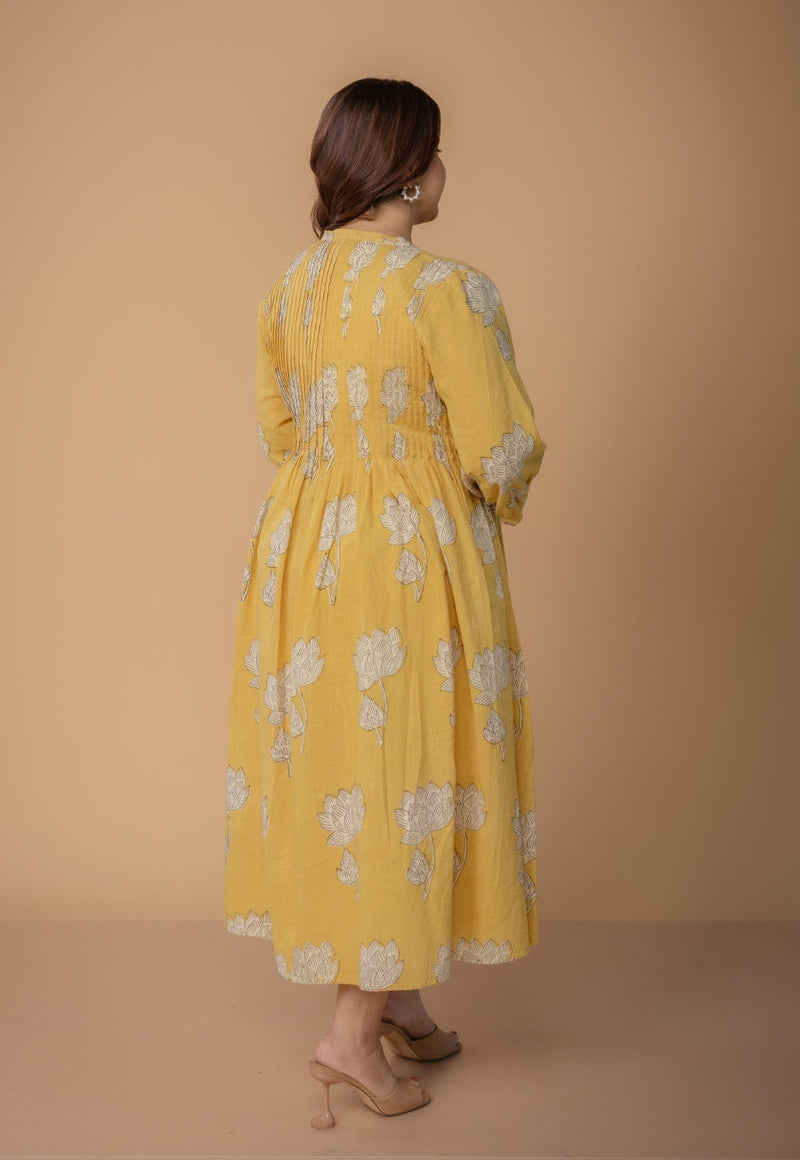 Janvi Yellow Dabu Slub Cotton A Line Dress