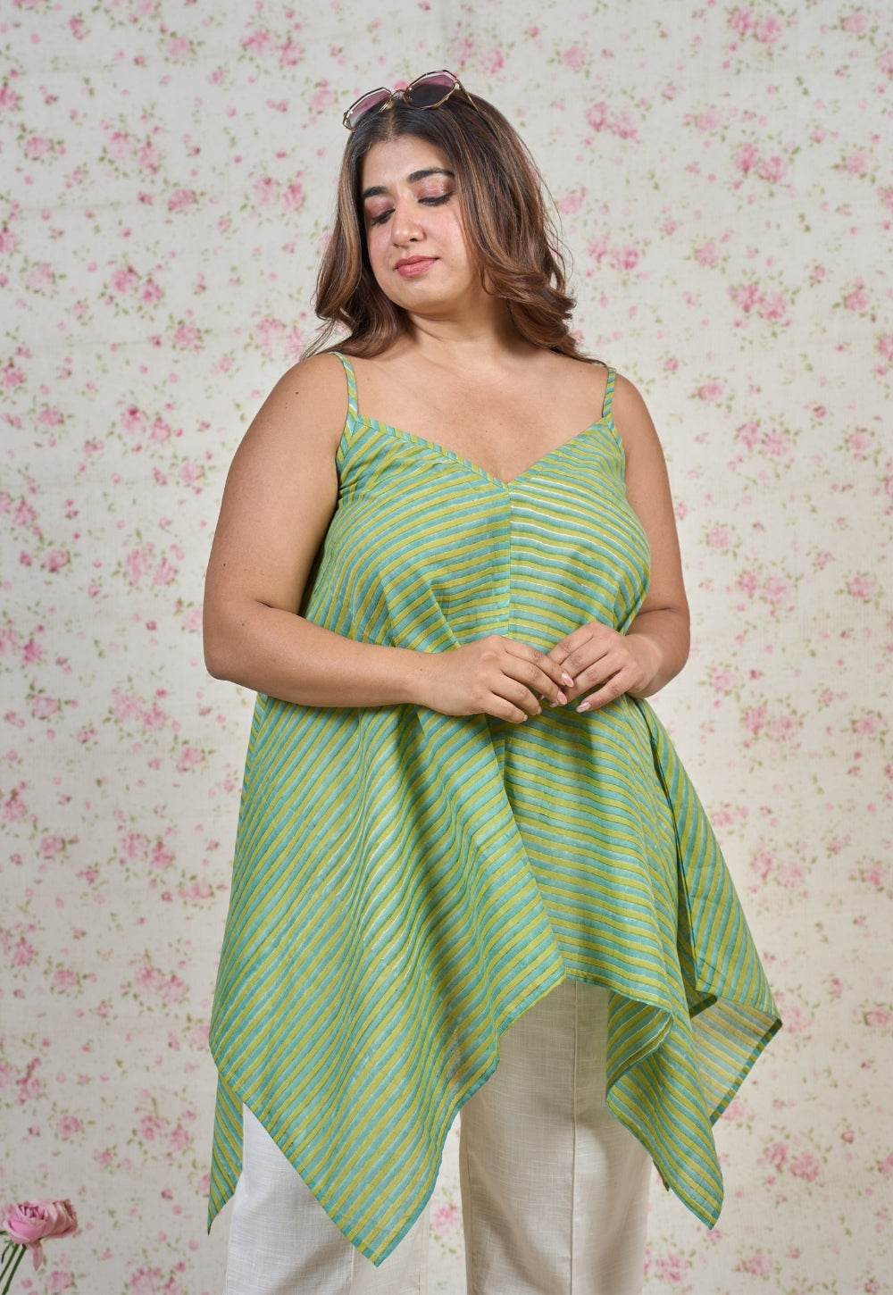 Fiona Green Sanganeri Mul Cotton A Line Short Top
