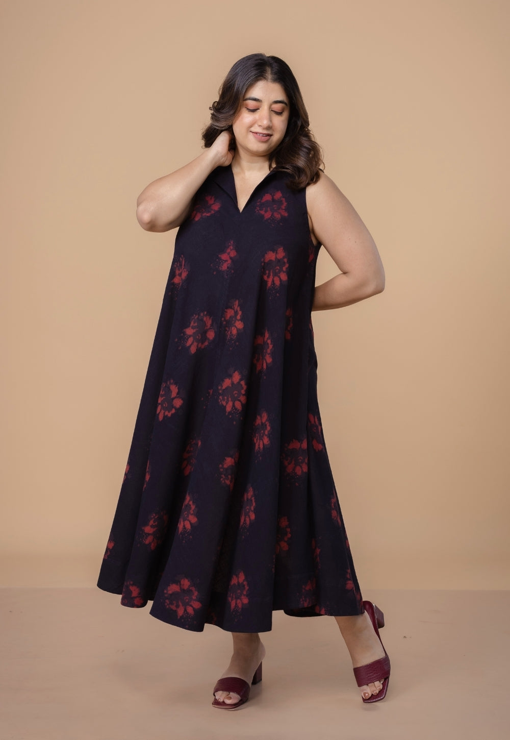 Arya Black Dabu Slub Cotton A Line Dress