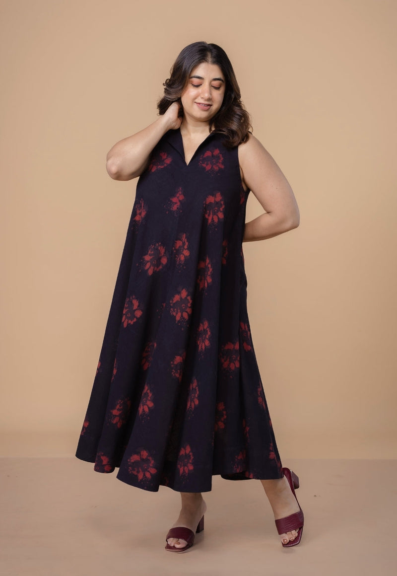 Arya Black Dabu Slub Cotton A Line Dress
