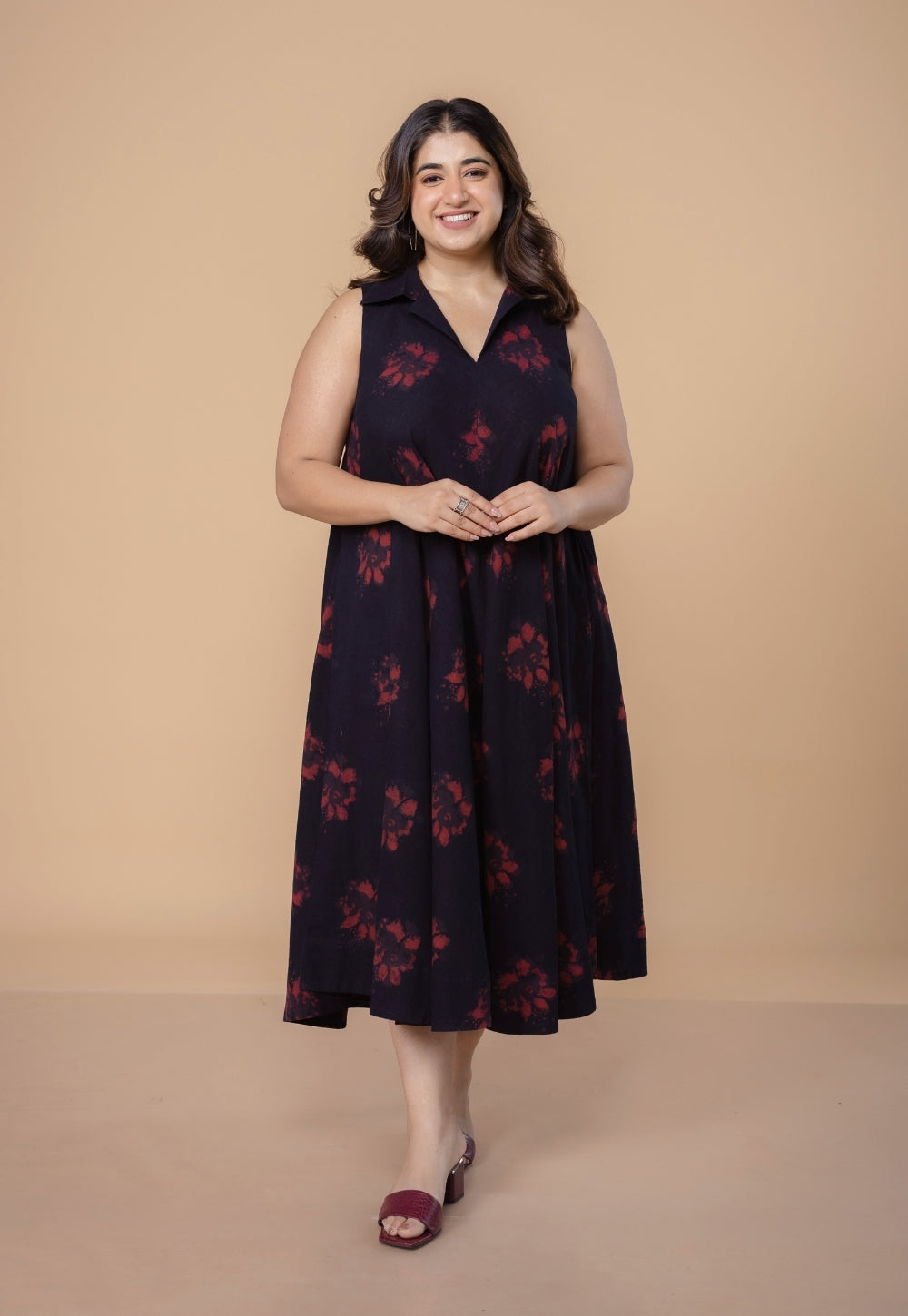 Arya Black Dabu Slub Cotton A Line Dress