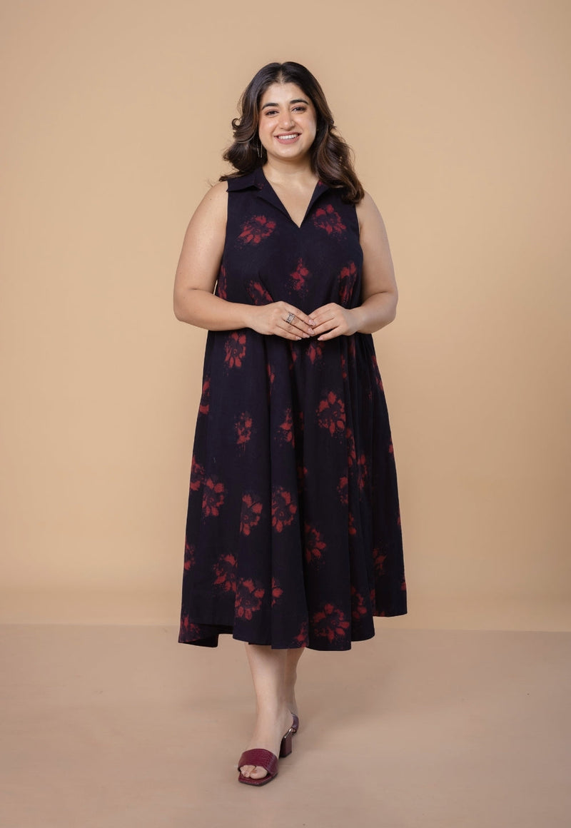 Arya Black Dabu Slub Cotton A Line Dress