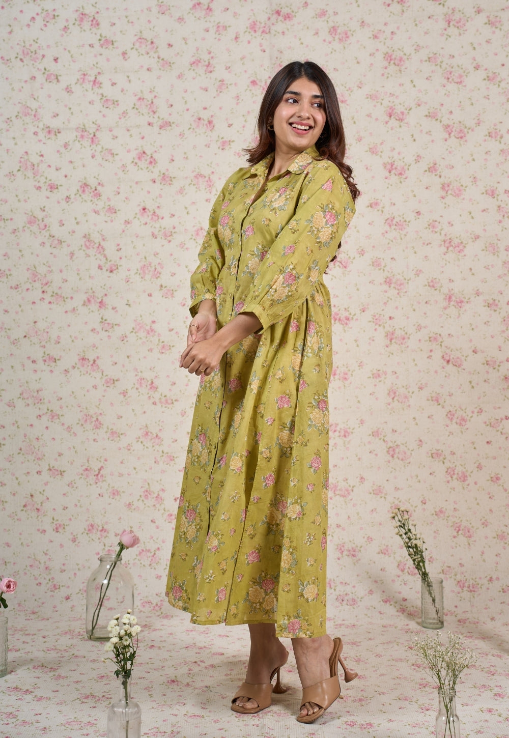 Lily Green Sanganeri Mul Cotton A Line Dress