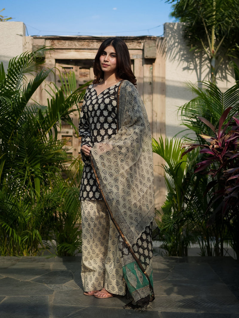 Jasmin Black Cotton Kurta Set with Farshi Salwar with Cotton Dupatta