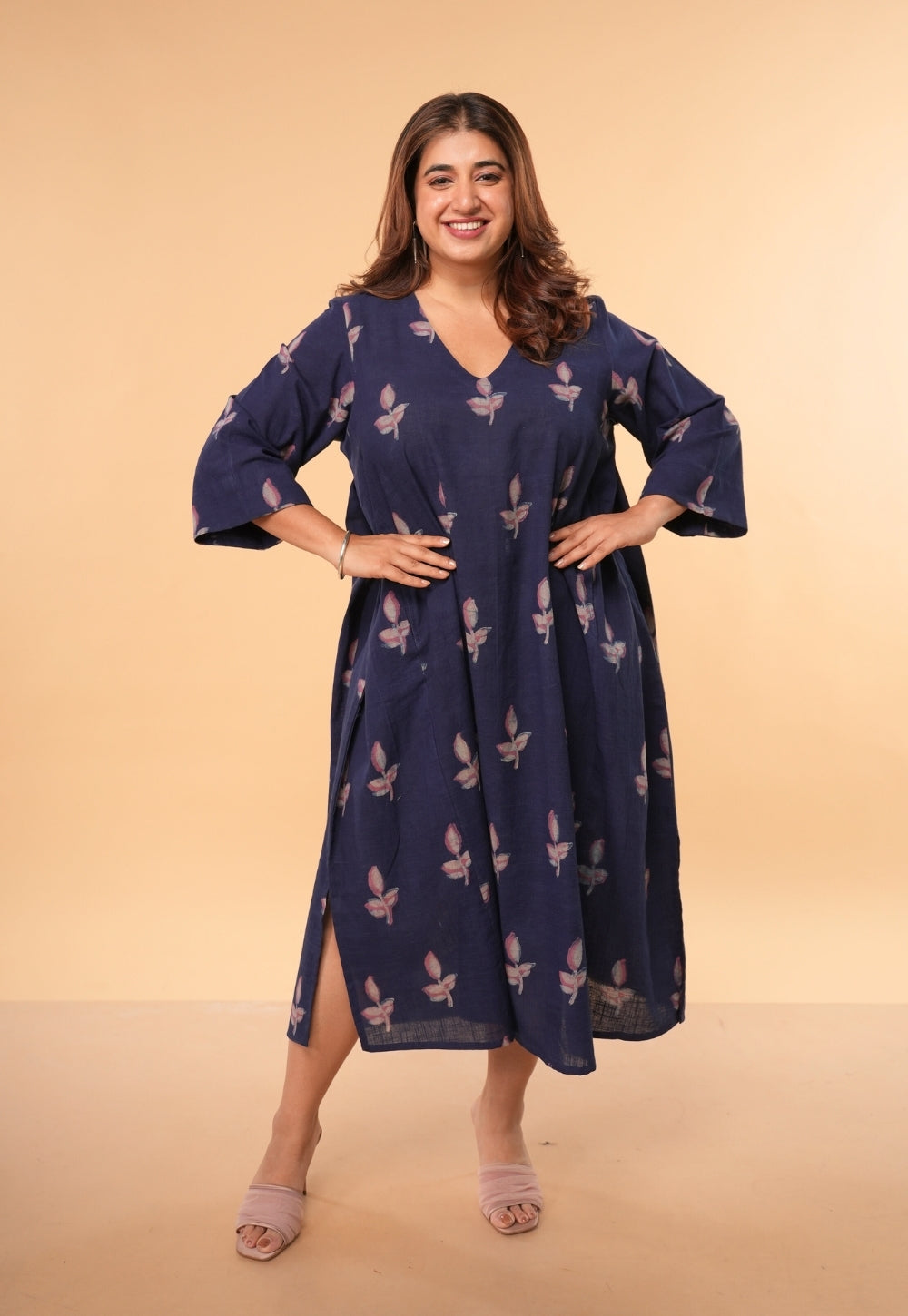 Vidya Blue Dabu Slub Cotton A Line Dress