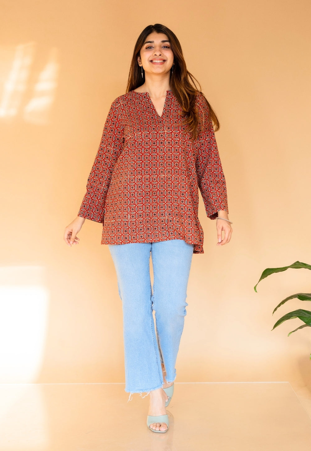 Karvi Red Ajrakh Cotton Straight Short Top with Embroidery