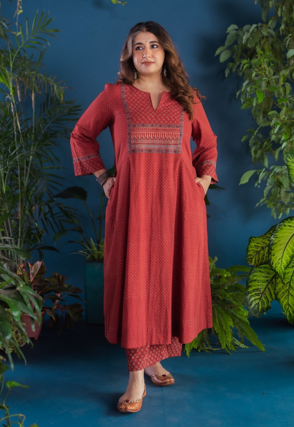 Fariha Red Ajrakh Cotton Kali Kurta with Hand Embroidery