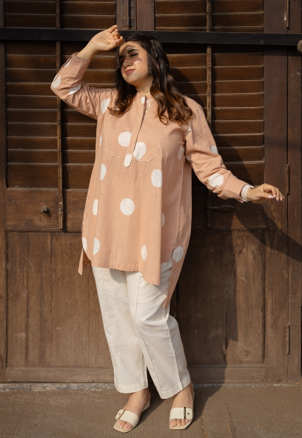 Naaz Peach Hand Block Print Slub Cotton A Line Short Top with Hand Embroidery