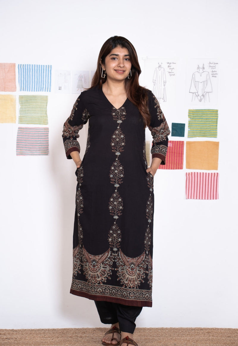 Elisha Black Ajrakh Cotton Straight Kurta