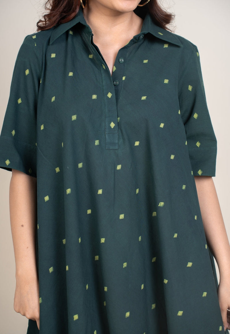Srisha Green Dabu Cotton A Line Dress
