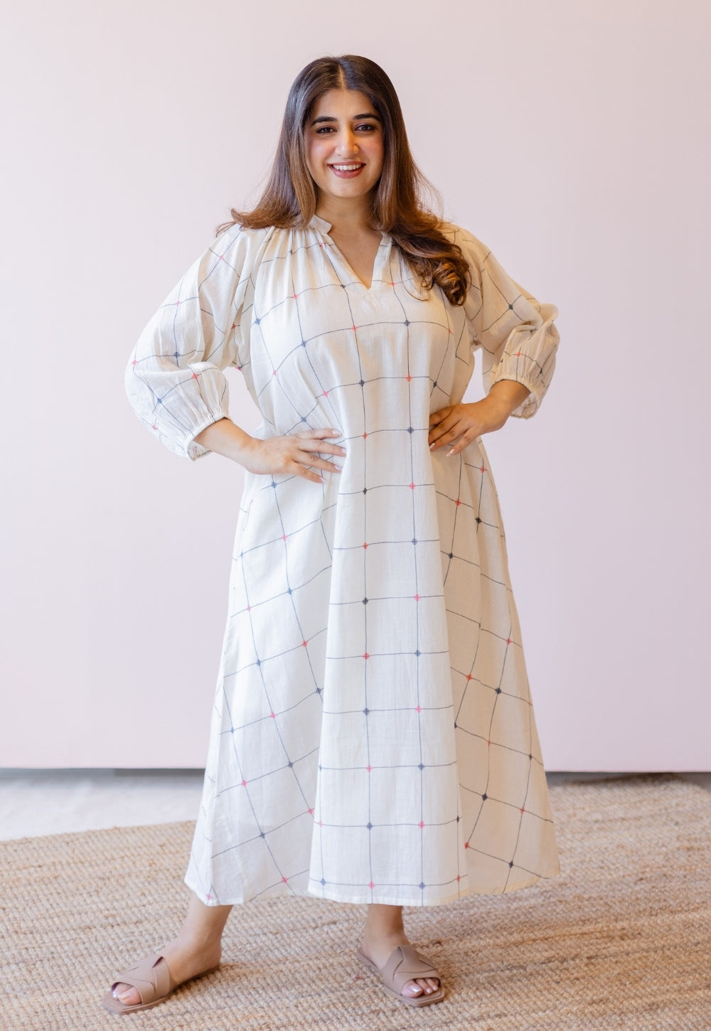 Eva Off White Jamdani Handloom Cotton Anti-Fit Dress