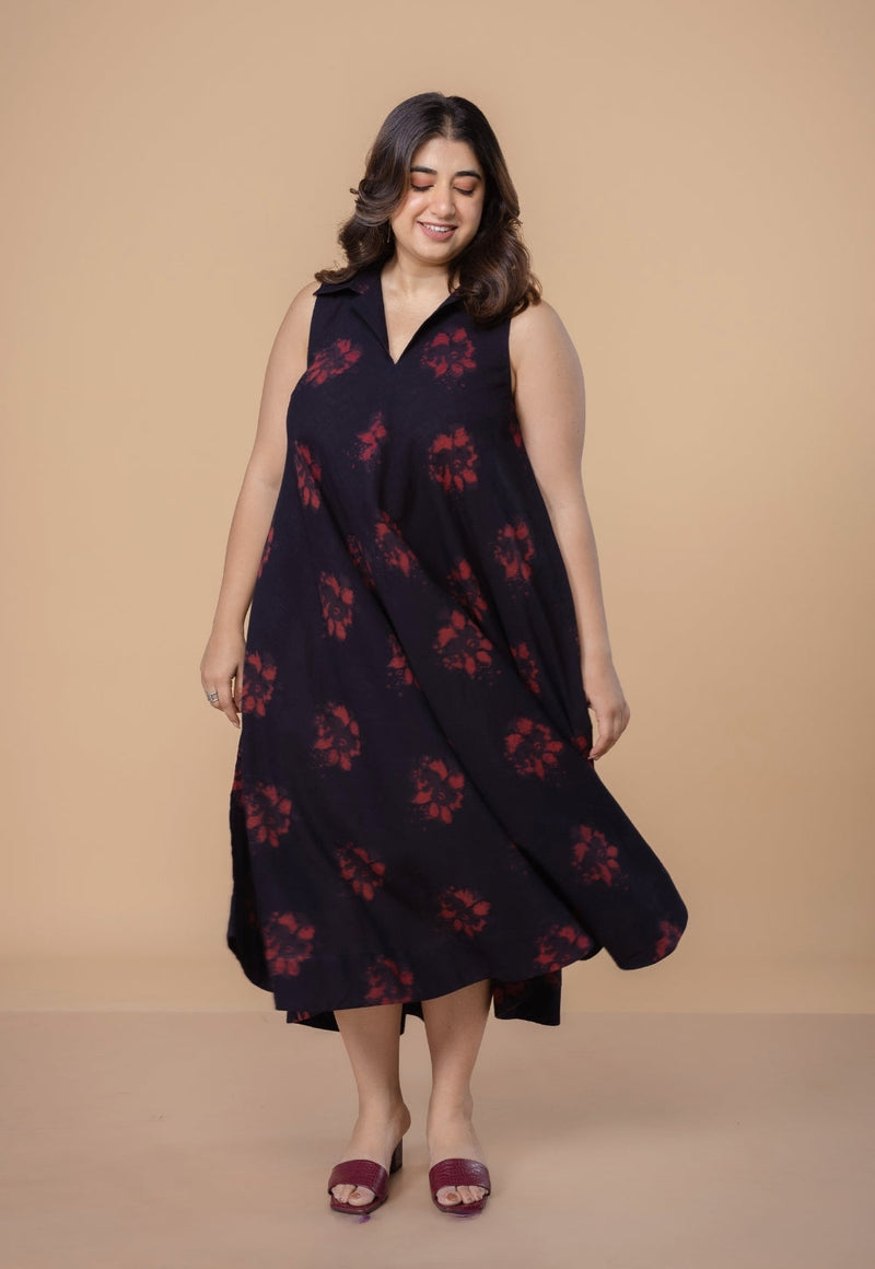 Arya Black Dabu Slub Cotton A Line Dress