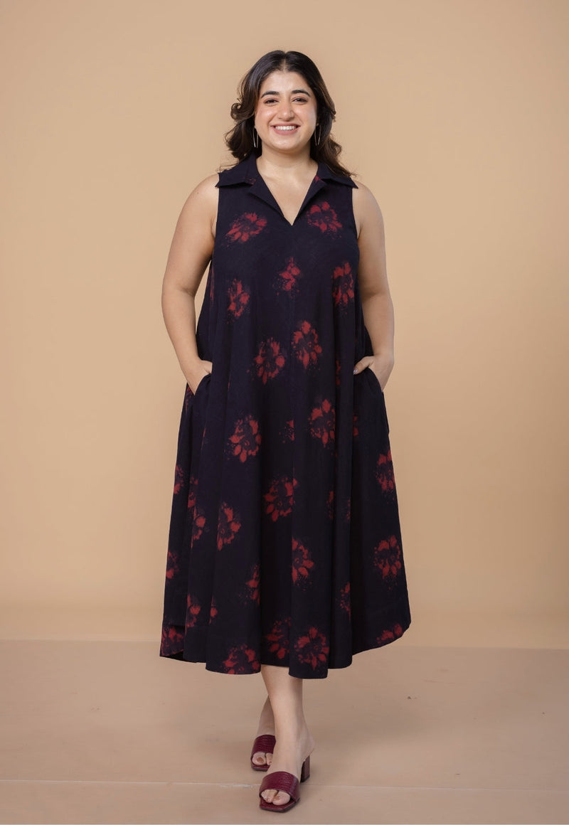 Arya Black Dabu Slub Cotton A Line Dress