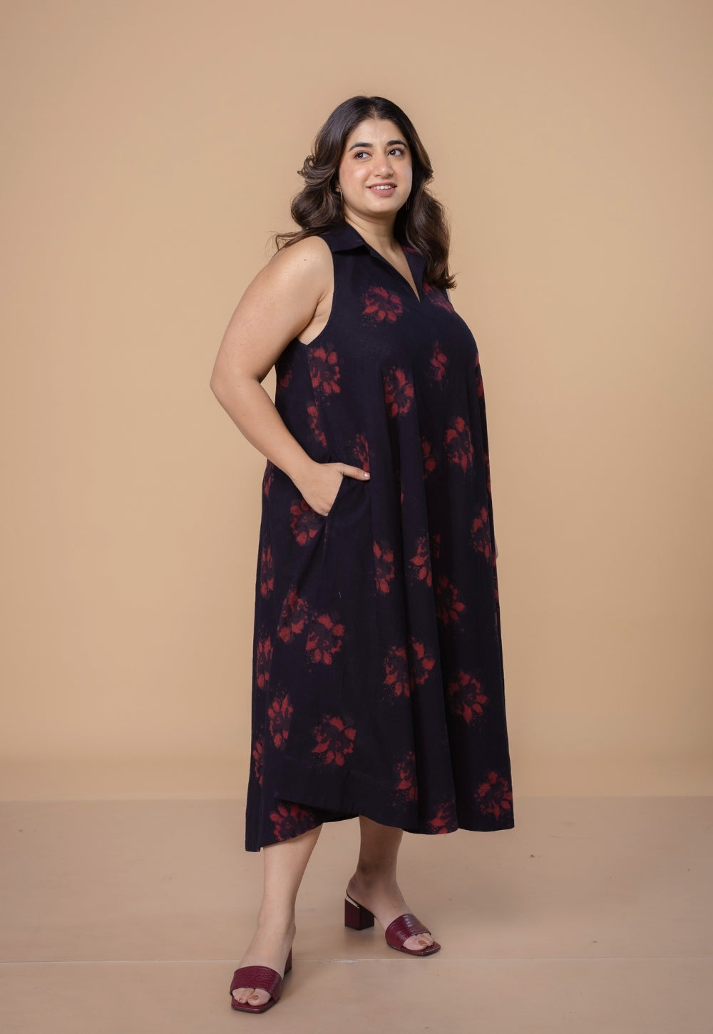 Arya Black Dabu Slub Cotton A Line Dress
