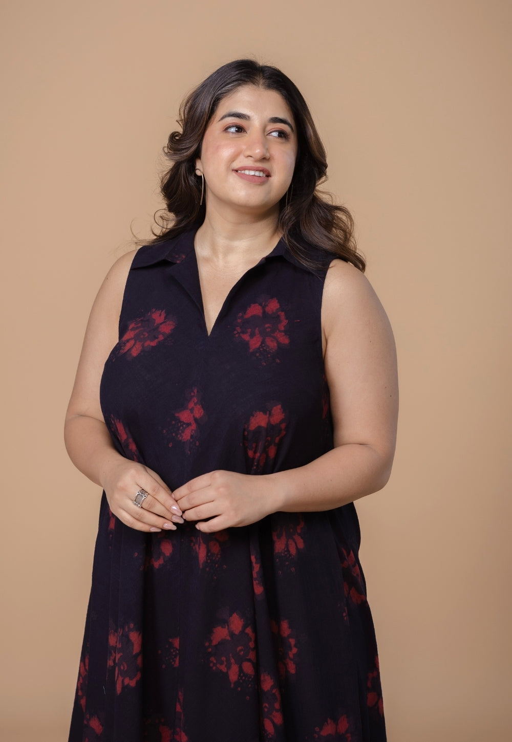 Arya Black Dabu Slub Cotton A Line Dress