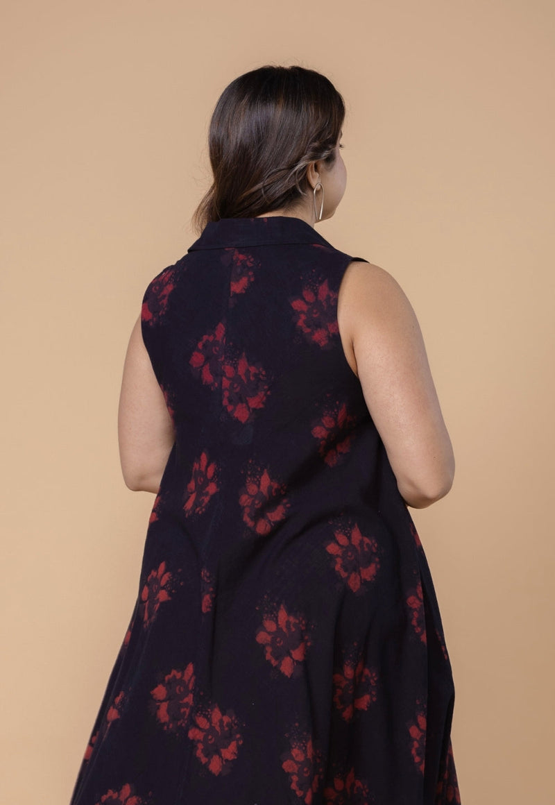 Arya Black Dabu Slub Cotton A Line Dress