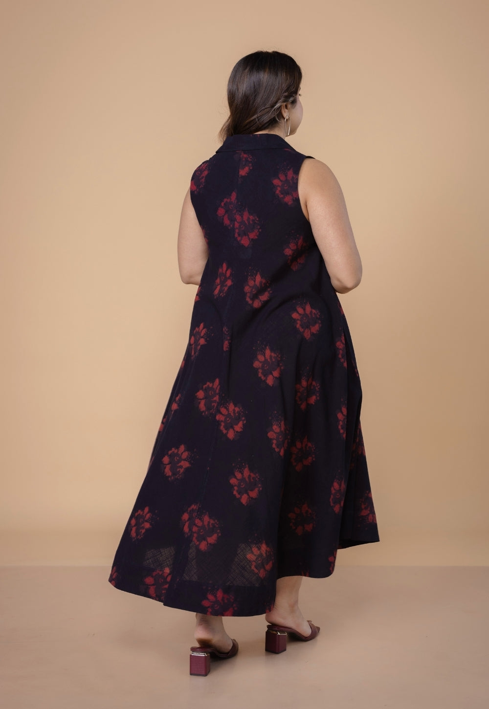 Arya Black Dabu Slub Cotton A Line Dress