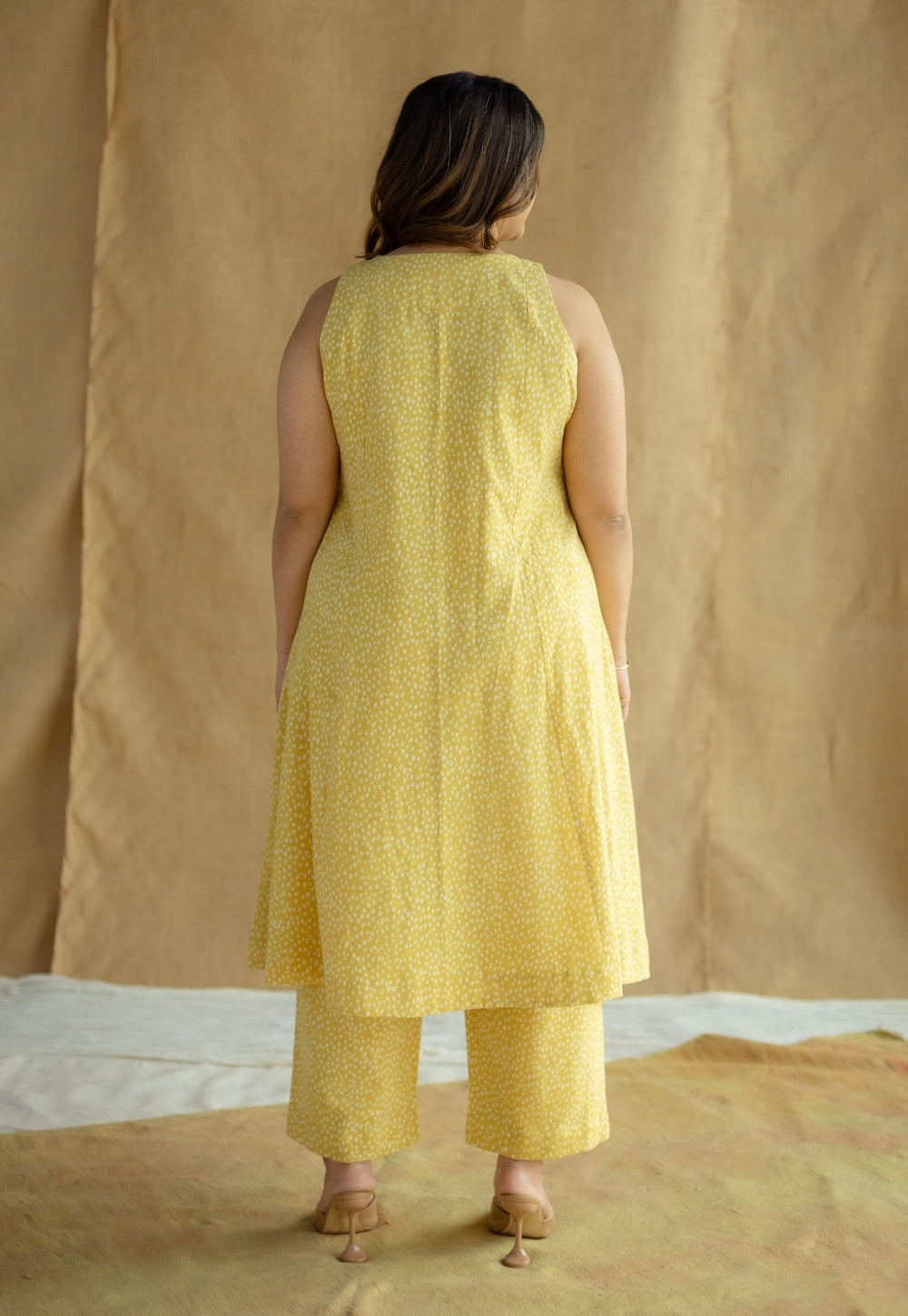 Aziza Mustard Hand Block Print Slub Cotton A Line Kurta