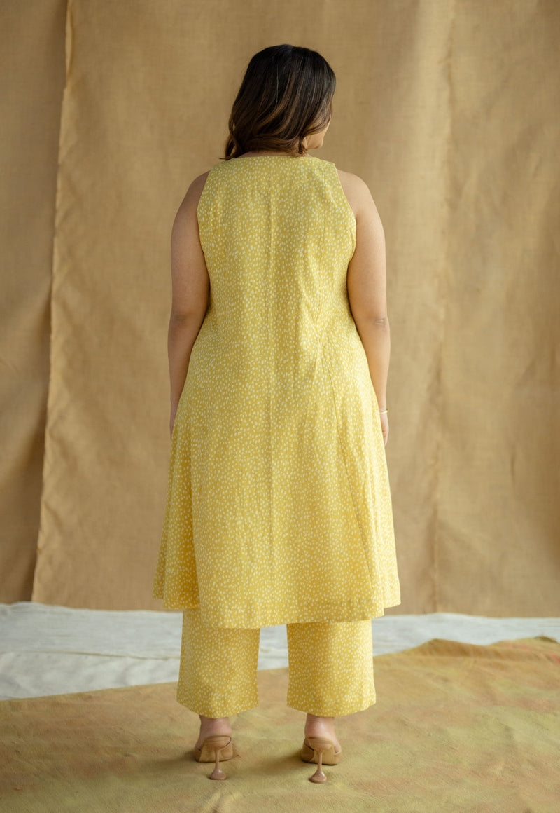 Aziza Mustard Hand Block Print Slub Cotton A Line Kurta
