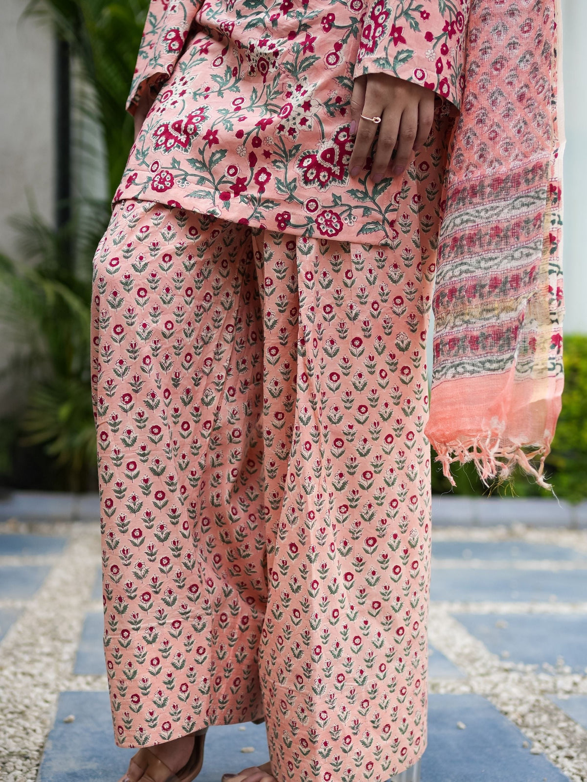 Peach Love Pink Cotton Kurta Set with Farshi Salwar and Kota Doriya Dupatta