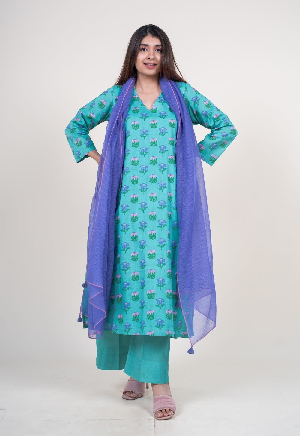 Reva Mint Green Printed Mul A Line Kurta with Hand Embroidery