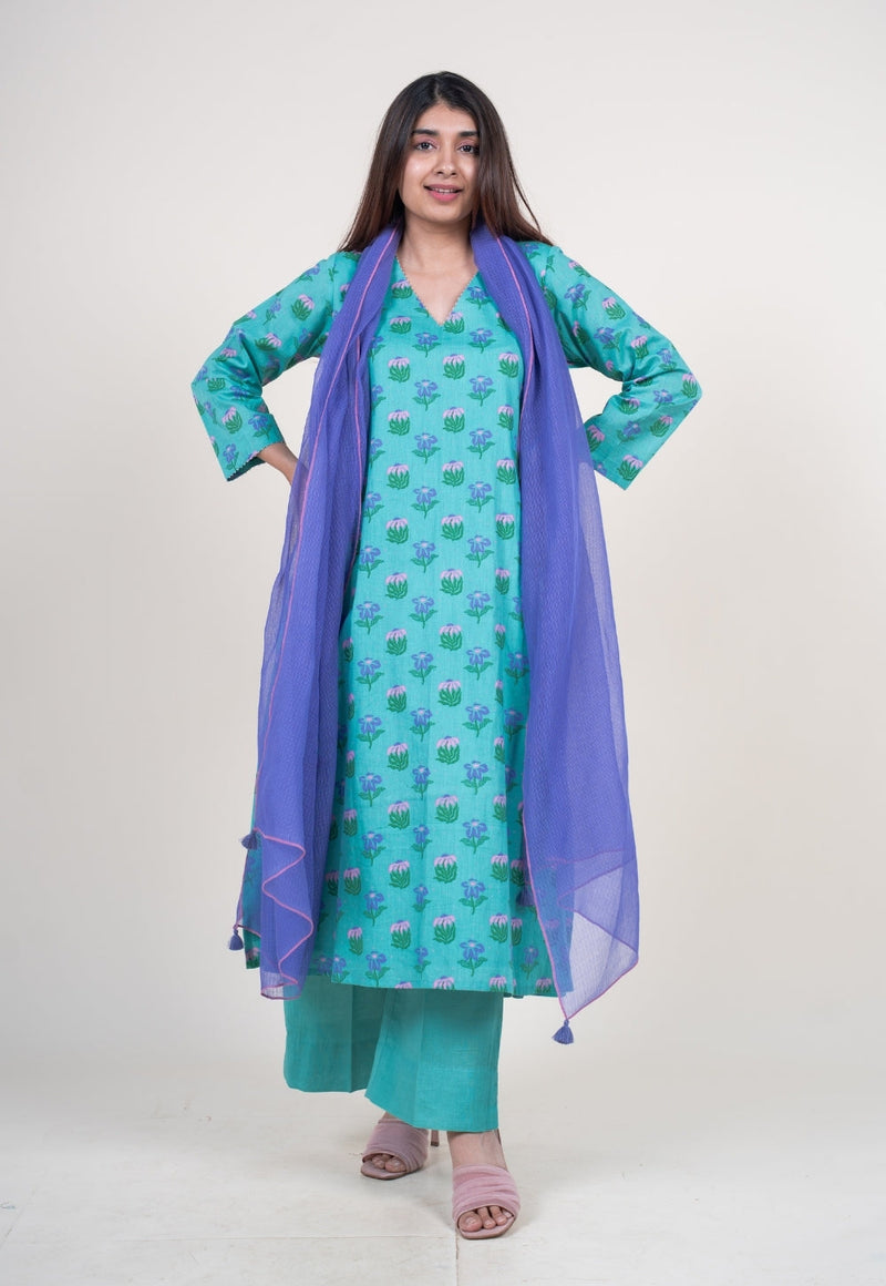Reva Mint Green Printed Mul A Line Kurta with Hand Embroidery