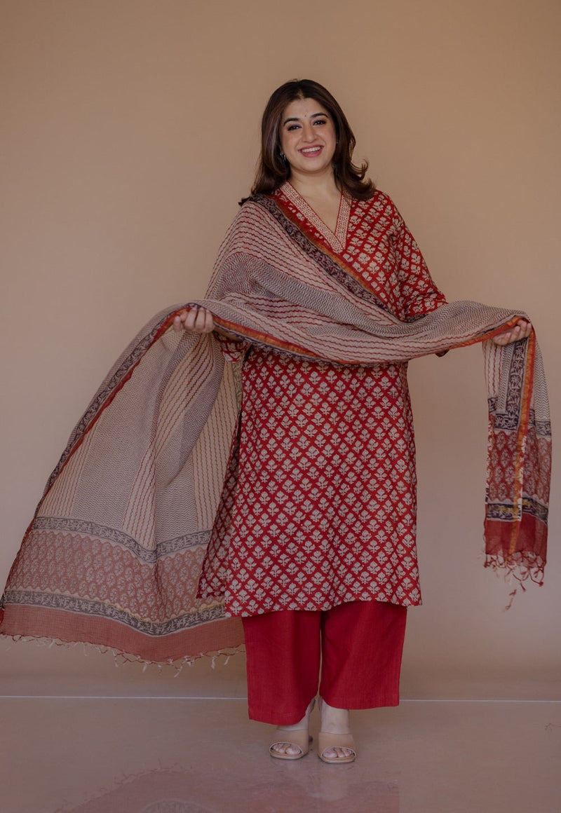 Shanza Red Bagru Cotton Straight Kurta