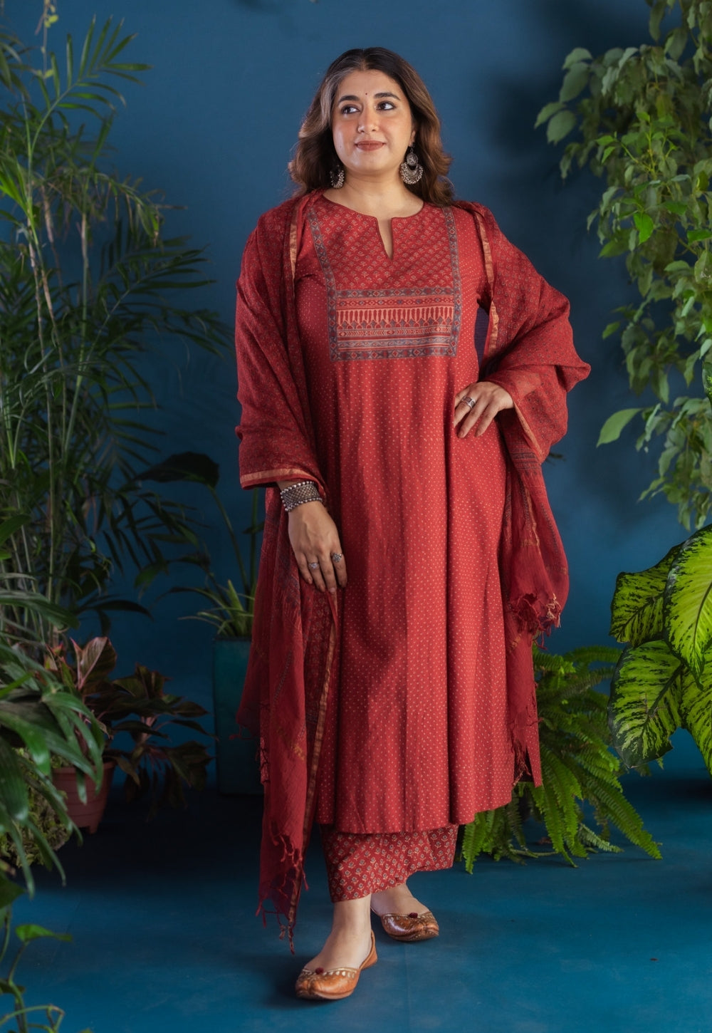 Yashi Red Butti Ajrakh Cotton Straight Pant