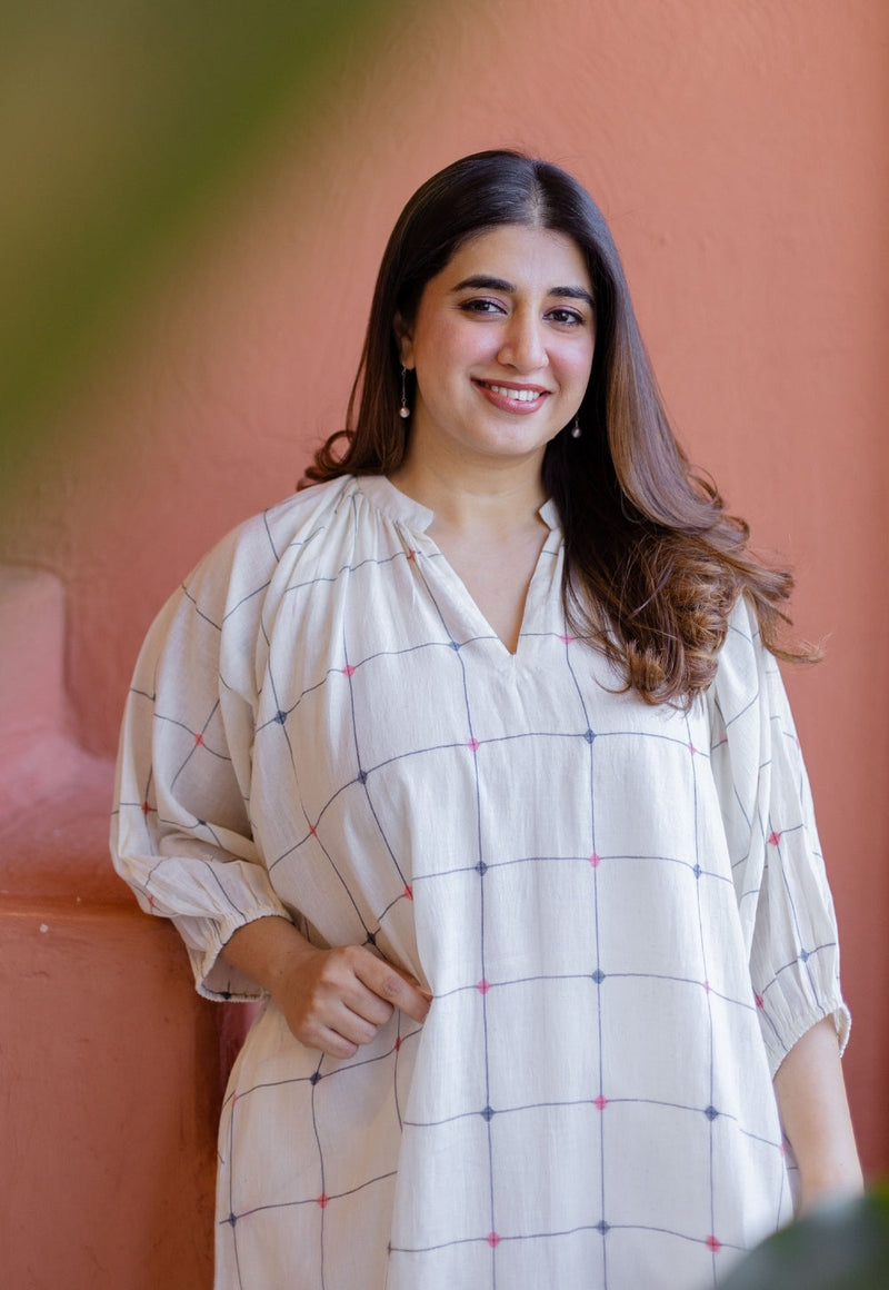 Eva Off White Jamdani Handloom Cotton Anti-Fit Dress