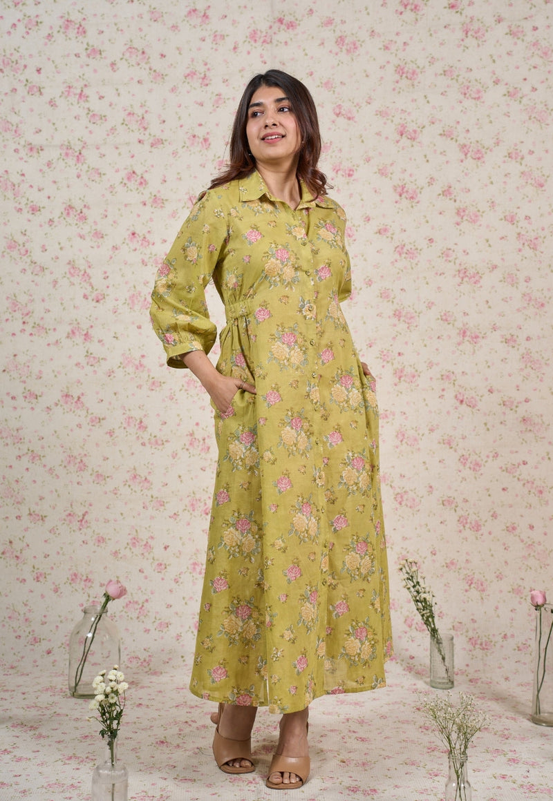 Lily Green Sanganeri Mul Cotton A Line Dress