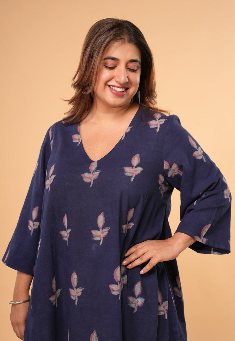 Vidya Blue Dabu Slub Cotton A Line Dress