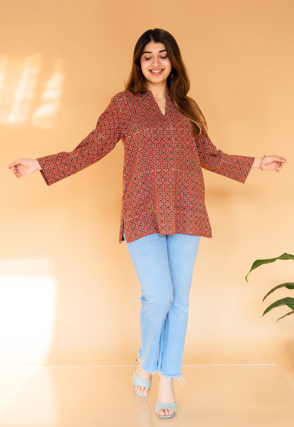 Karvi Red Ajrakh Cotton Straight Short Top with Embroidery