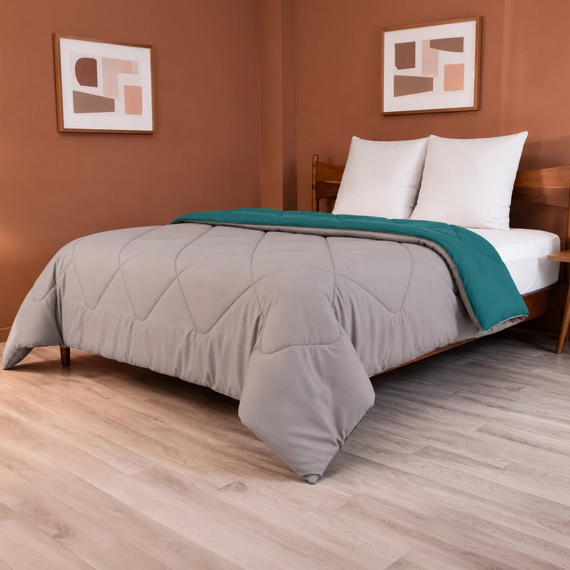 Fort - Box Stitch Duvet Comforter (Teal & Light Grey)-4