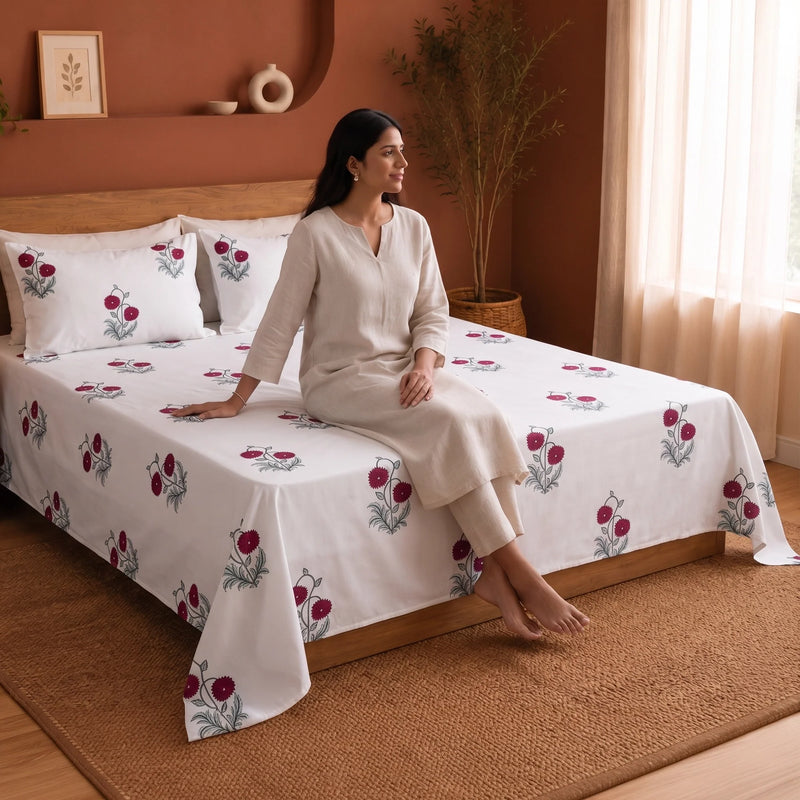 Red Rose - Floral Bedsheet (White & Red)-6