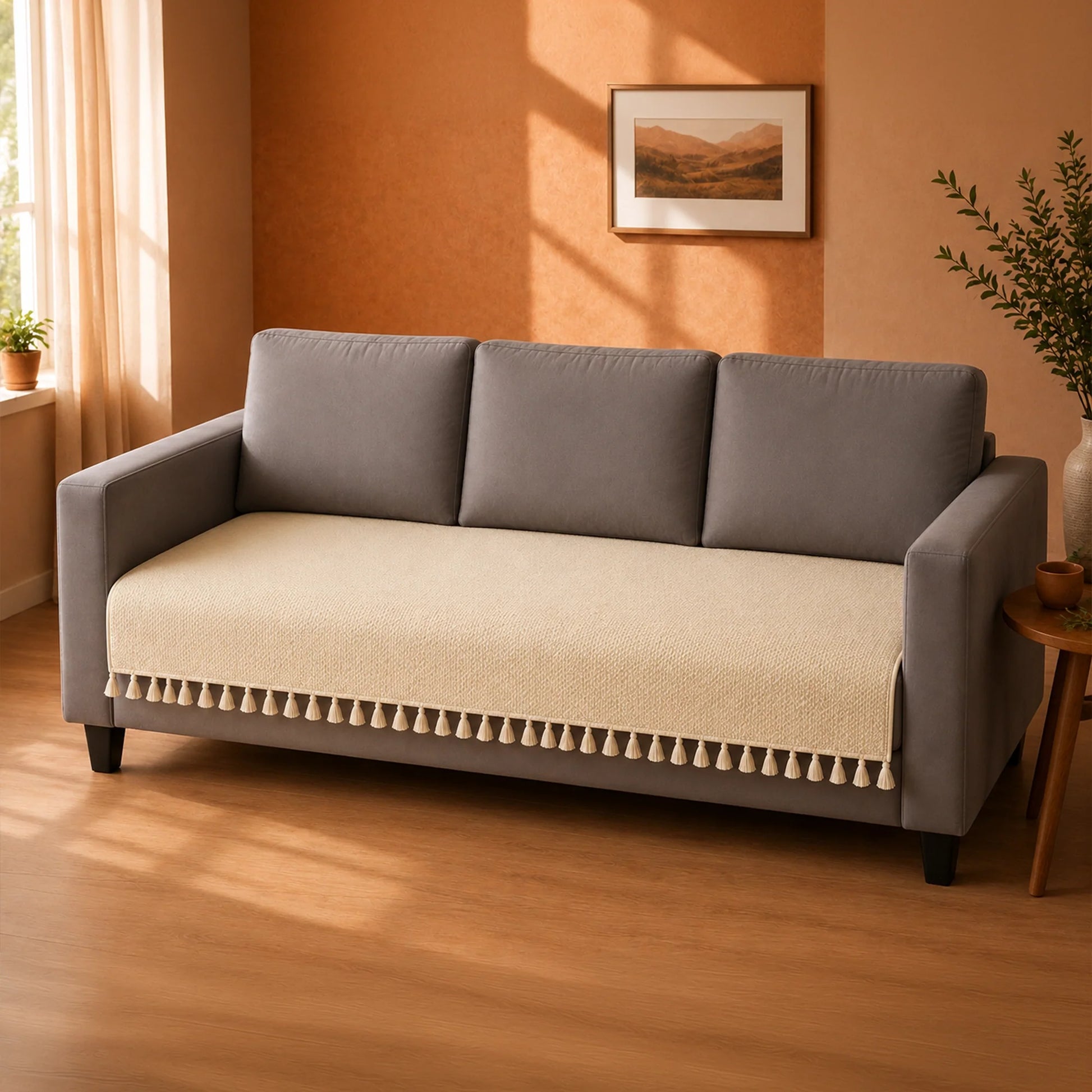 Chenille Solid Beige Sofa Cover-3