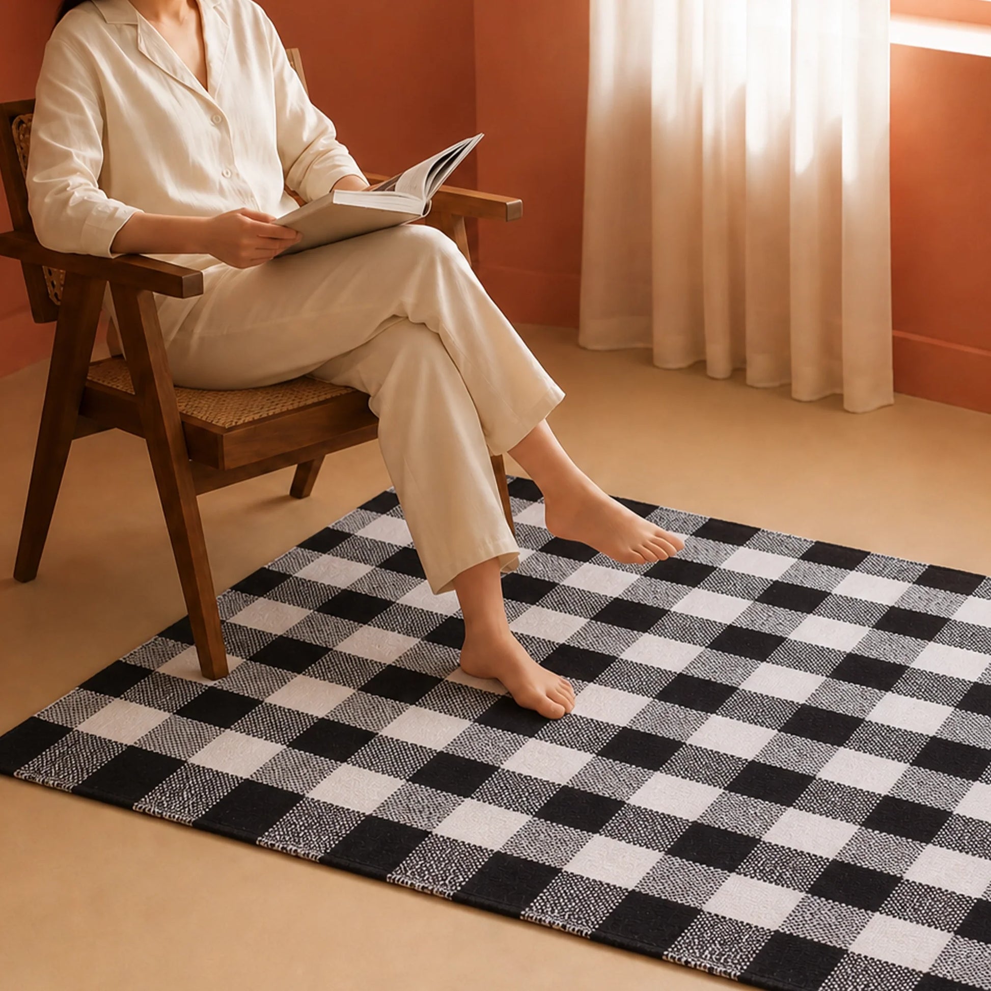 Breton Shadowplay - Plaid Cotton Rug (Black & White)-5
