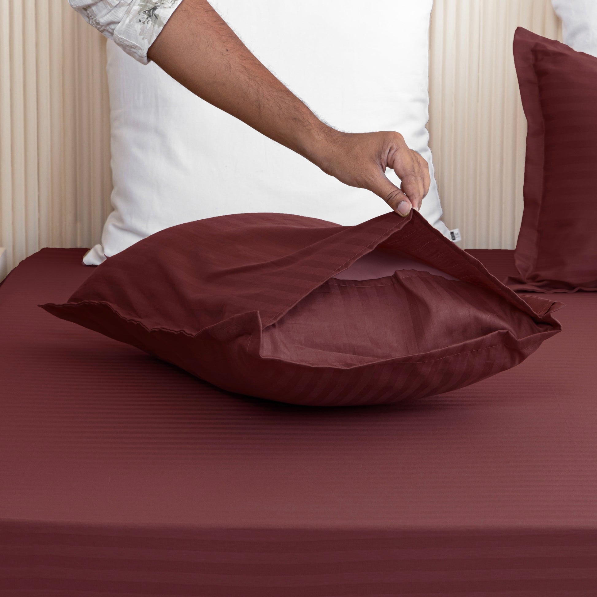 Breton Drift - Satin Stripes Fitted Bedsheet (Maroon)-4