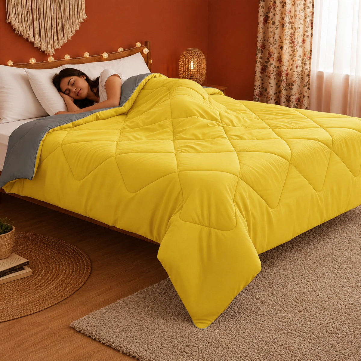 Fort - Box Stitch Duvet Comforter (Mango Yellow & Dark Grey)-4